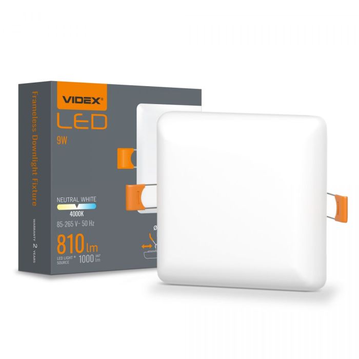 LED світильник безрамковий квадратний VIDEX VLE-DLFS-094 9W 4000K 220V