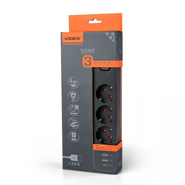 Мережевий подовжувач VIDEX ONCORD з/з 3п 3м (3x1.5мм) 2.4А 2USB+USB-C з кнопкою Black