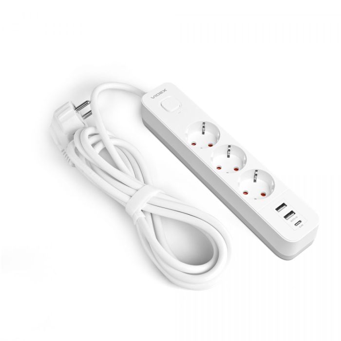 Мережевий подовжувач VIDEX ONCORD з/з 3п 3м (3x1.5мм) 2.4А 2USB+USB-C з кнопкою White