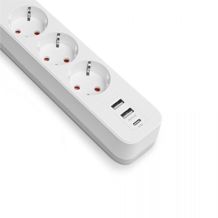Мережевий подовжувач VIDEX ONCORD з/з 3п 3м (3x1.5мм) 2.4А 2USB+USB-C з кнопкою White