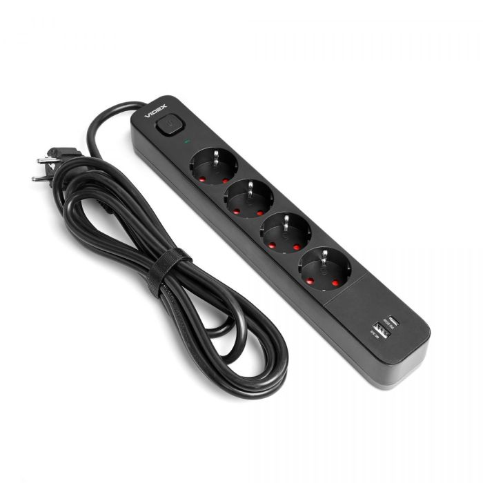 Сетевой удлинитель VIDEX ONCORD с/с 4п 3м (3x1.5мм) 3.4А USB(QC3.0) +USB-C(PD20W) с кнопкой Black