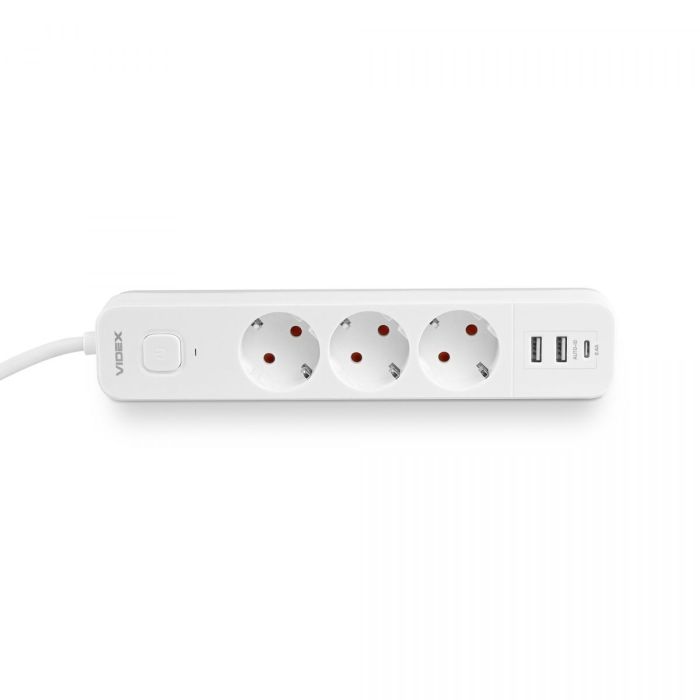 Мережевий подовжувач VIDEX ONCORD з/з 3п 3м (3x1.5мм) 2.4А 2USB+USB-C з кнопкою White