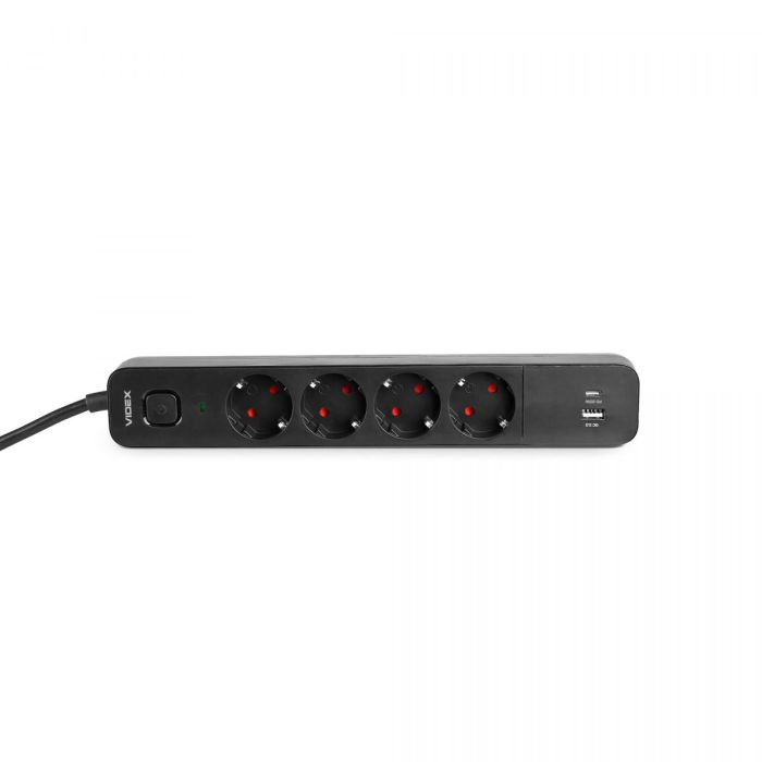 Сетевой удлинитель VIDEX ONCORD с/с 4п 3м (3x1.5мм) 3.4А USB(QC3.0) +USB-C(PD20W) с кнопкой Black