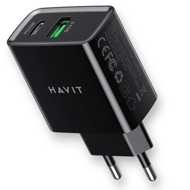 Зарядний пристрій HAVIT HV-UC111 20W USB+USB-C Black