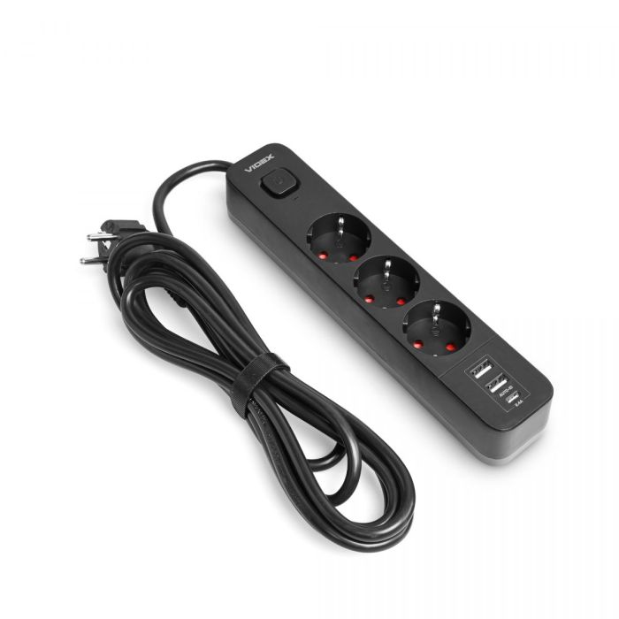Сетевой удлинитель VIDEX ONCORD с/с 3п 3м (3x1.5мм) 2.4А 2USB+USB-C с кнопкой Black
