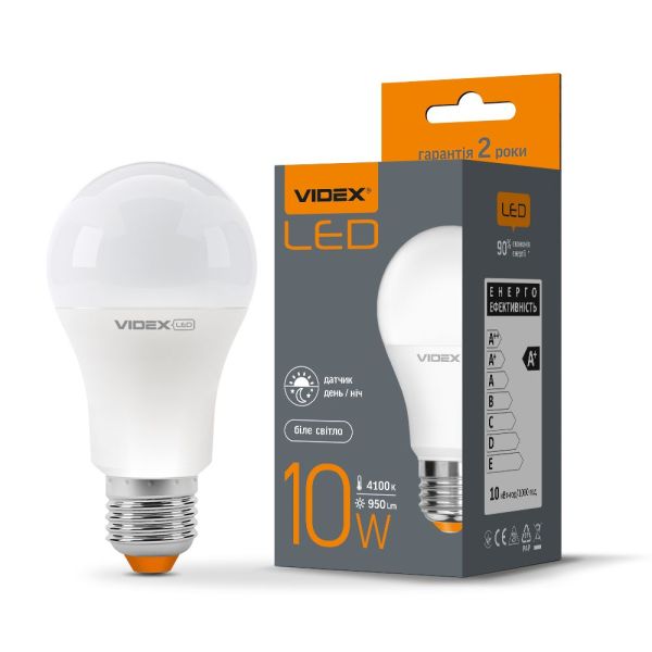 LED лампа VIDEX A60e 10W E27 4100K з сенсором освітленості