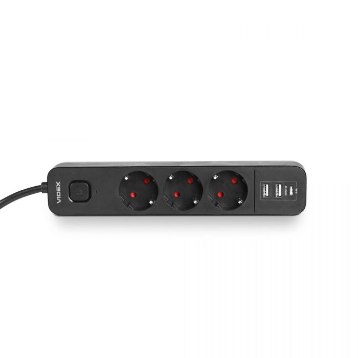 Сетевой удлинитель VIDEX ONCORD с/с 3п 3м (3x1.5мм) 2.4А 2USB+USB-C с кнопкой Black