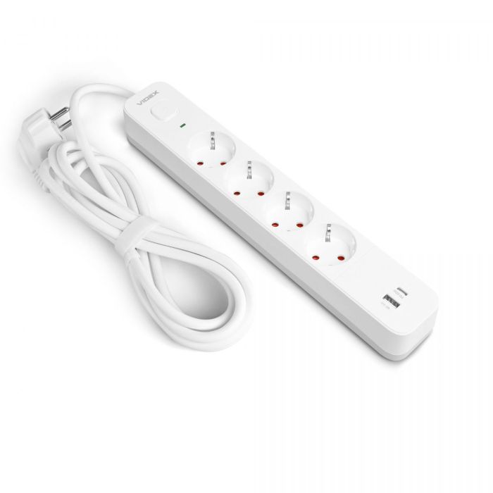 Мережевий подовжувач VIDEX ONCORD з/з 4п 3м (3x1.5мм) 3.4А USB(QC3.0) +USB-C(PD20W) з кнопкою White