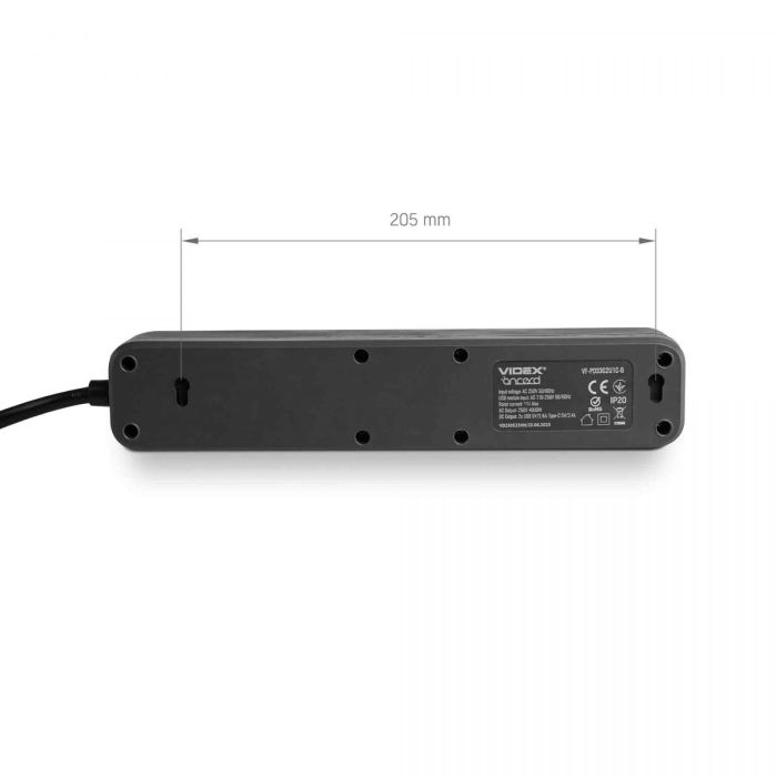 Сетевой удлинитель VIDEX ONCORD с/с 3п 3м (3x1.5мм) 2.4А 2USB+USB-C с кнопкой Black