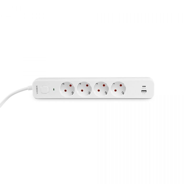 Мережевий подовжувач VIDEX ONCORD з/з 4п 3м (3x1.5мм) 3.4А USB(QC3.0) +USB-C(PD20W) з кнопкою White