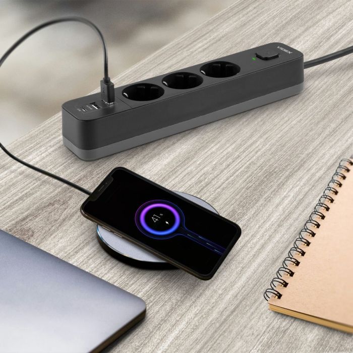 Сетевой удлинитель VIDEX ONCORD с/с 3п 3м (3x1.5мм) 2.4А 2USB+USB-C с кнопкой Black
