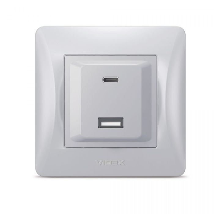 Розетка USB-A + USB-C PD20W срібний шовк VIDEX BINERA