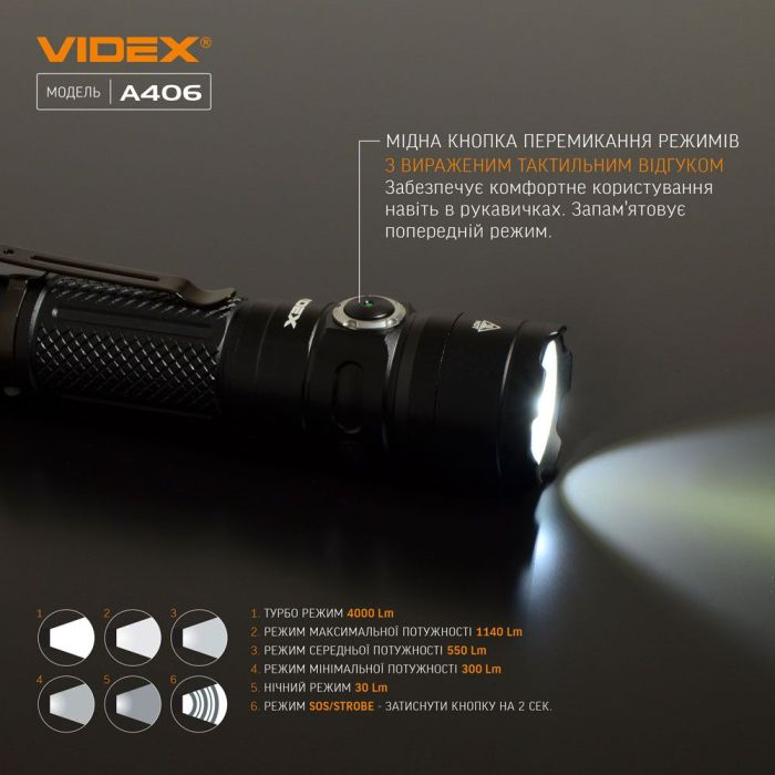 Портативний світлодіодний ліхтарик VIDEX VLF-A406 4000Lm 6500K