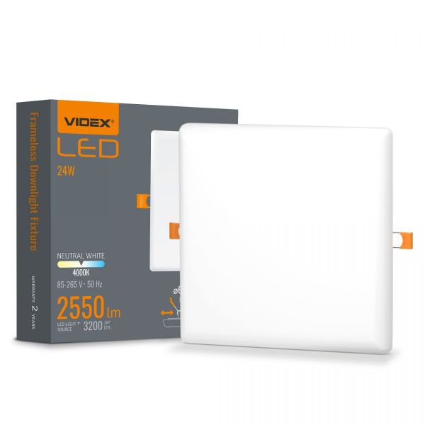 LED світильник безрамковий квадратний VIDEX VLE-DLFS-244 24W 4000K 220V