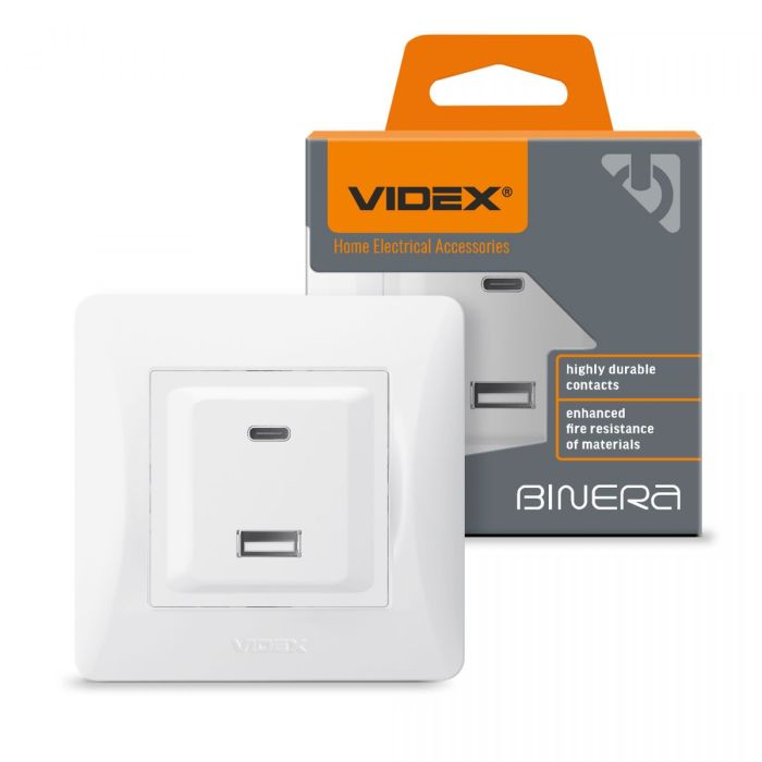 Розетка USB-A+USB-C PD20W белая VIDEX BINERA