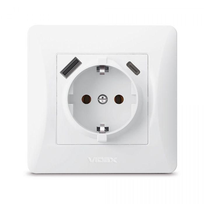 Розетка одинарна із заземленням з USB+USB-C біла VIDEX BINERA