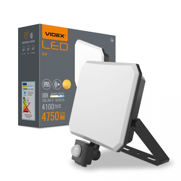 LED прожектор VIDEX F3 50W 5000K з датчиком руху 220V Black