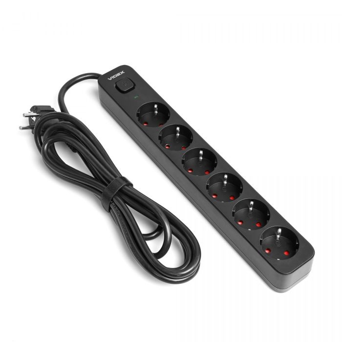 Мережевий подовжувач VIDEX ONCORD з/з 6п 3м (3x1.5мм) з кнопкою Black