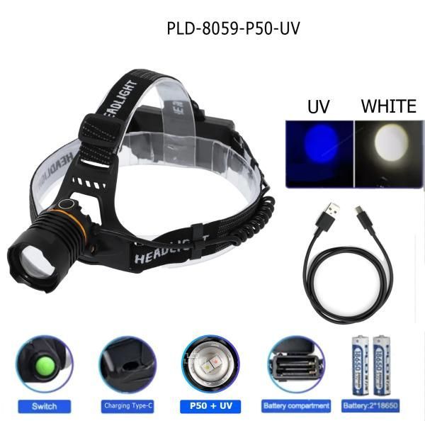 Фонарик налобный PLD-8059-P50+UV