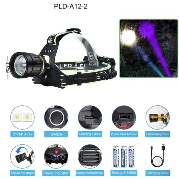 Ліхтар налобний PLD-A12-2PM10-2TG (WHITE+UV), 3x18650
