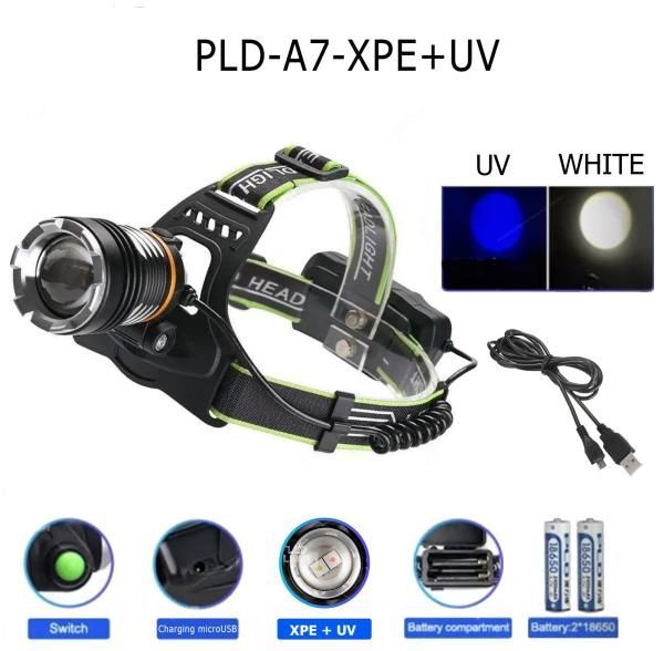 Ліхтарик налобний PLD-A7-XPE+UV