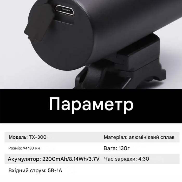 Велосипедна фара TWOOK TX300 300Lm, 2200mAh